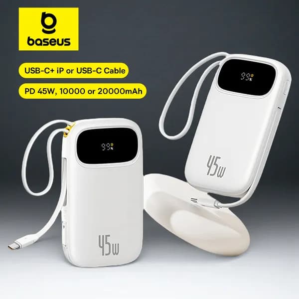 베이스어스 45W 20000mAh 파워뱅크 10000mAh 내장형 리트랙터블 USB-C & 라이트닝 케이블