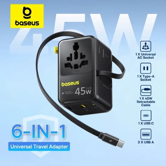 【신제품】베이스어스 6-IN-1 GaN 휴대폰 충전기 범용 여행 어댑터 45W/70W 리트랙터블 케이블 2AC 소켓 EU/UK/US 플러그 USB 충전기