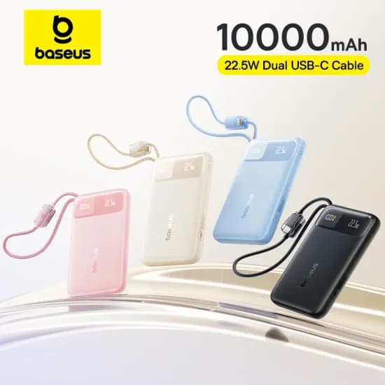 베이스어스 10000mAh 파워뱅크 22.5W 내장형 듀얼 USB-C 케이블 슬림형 고속 충전 아이폰 17 프로 맥스 삼성 S25 샤오미 포코용
