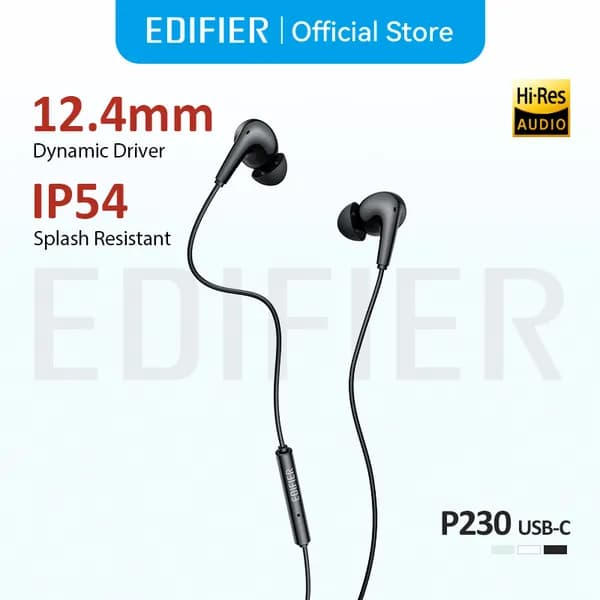 에디파이어 P230 USB-C 유선 이어버드 리모컨 및 마이크 포함 하이 레졸루션 인이어 이어폰 12.4mm 다이나믹 드라이버 IP54 방진 및 방수