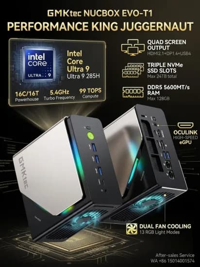GMKtec EVO-T1 미니 PC 인텔 코어 울트라 9 285H DDR5 5600MHz M.2 2280 SSD 윈도우 11 WiFi 6 BT5.3 OCuLink DIY 데스크탑 미니 컴퓨터