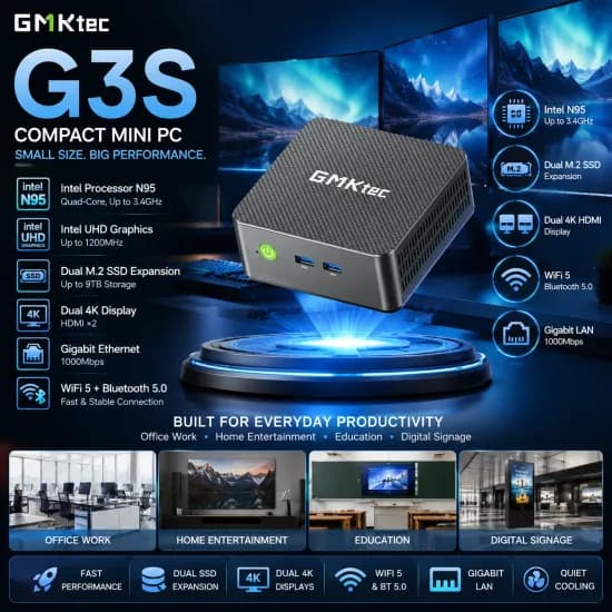 GMKtec G3S 미니 PC 인텔 알더레이크 N95 DDR4 듀얼 M.2 SSD 윈도우 11 프로 WiFi 5 BT5.0 RJ45 LAN 4K 데스크탑 사무용 컴퓨터