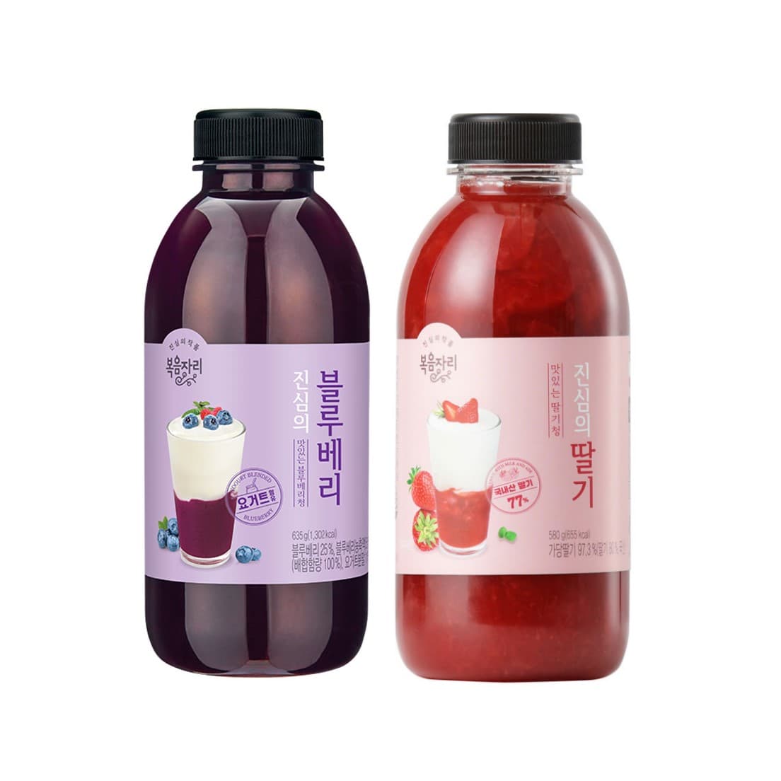 국내산 딸기 77% 진심의 딸기청 580g/블루베리청 635g (5,450원/무료)