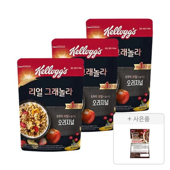 켈로그 리얼 그래놀라 400g, 3개 + 증정(다크초코 프로틴 딜라이트 50g, 1개) (11,830원/무료)
