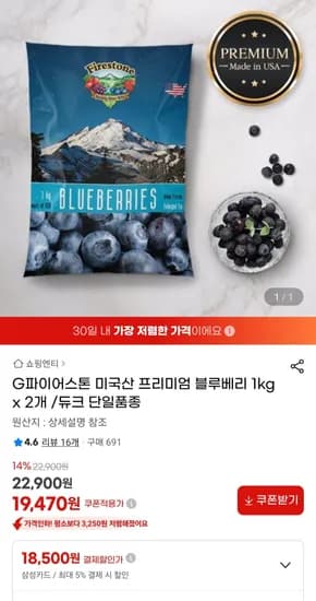 미국산 블루베리 1kg 2개 총 2kg