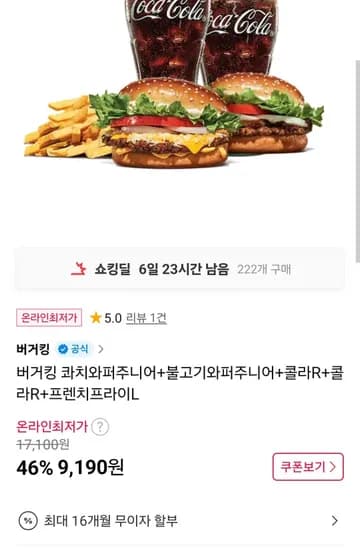 버거킹 콰치와퍼주니어 불고기와퍼주니어 콜라R 2개 프렌치프라이
