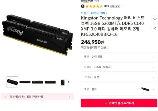 Kingston 퓨리 비스트 블랙 DDR5 5200MT/s CL40 8GB x 2