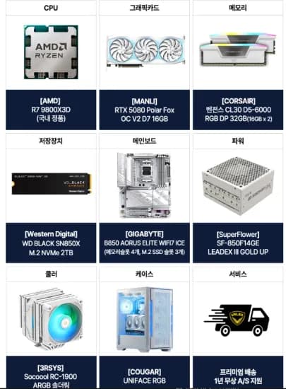 폴라폭스 9800X3D+RTX5080+32GB+2TB (4,099,350원/무료)