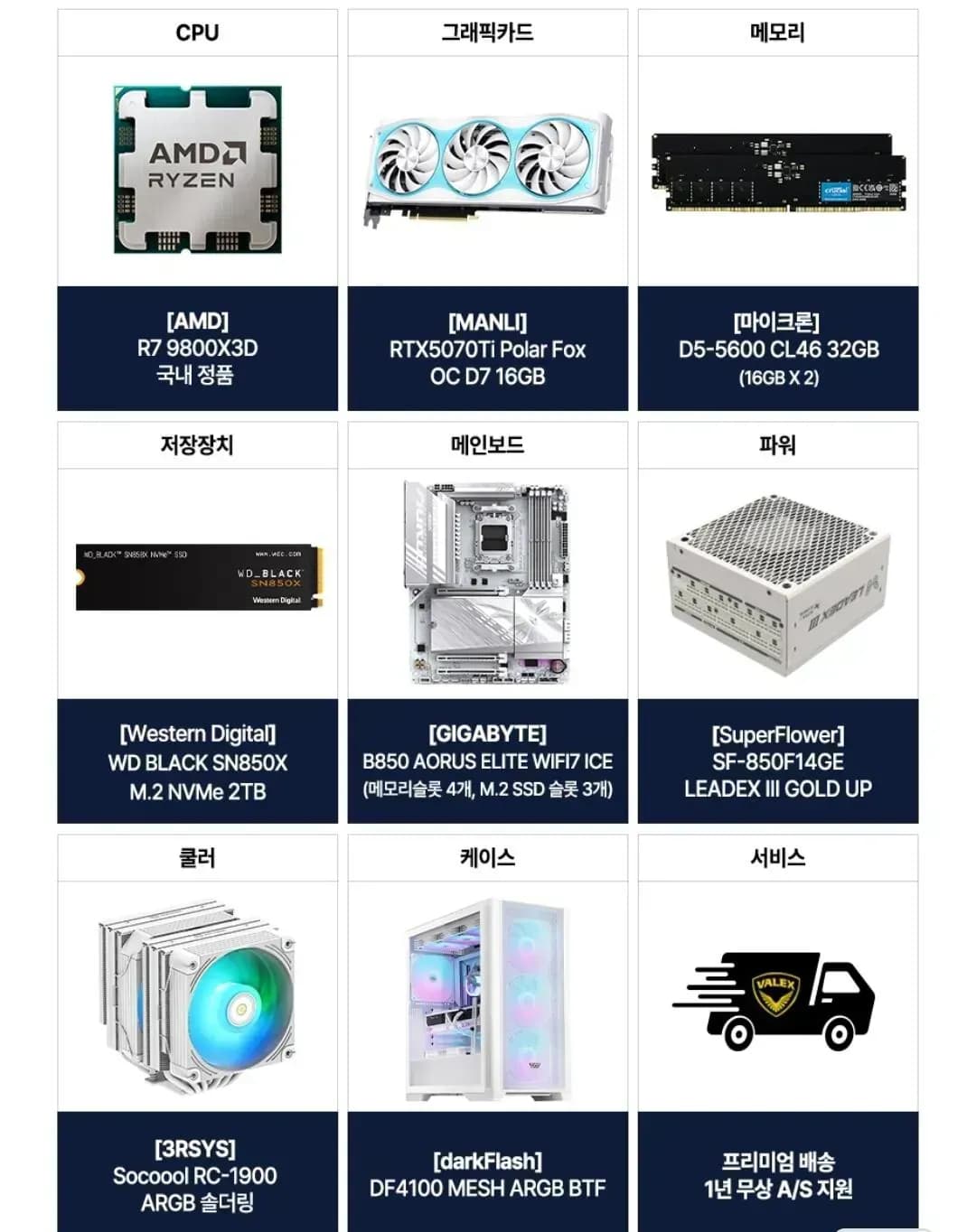 AMD 9800X3D+RTX5070Ti+32GB+2TB_MANLI 완본체 (3,399,000원/무료)