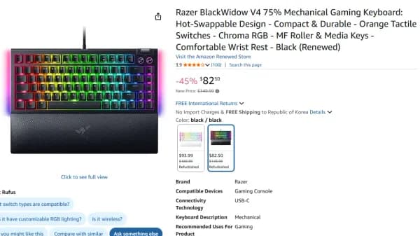 직배가능) 레이저 블랙위도우 v4 75%배열 기계식 게이밍 키보드 리퍼비시 ($82.5/무료)