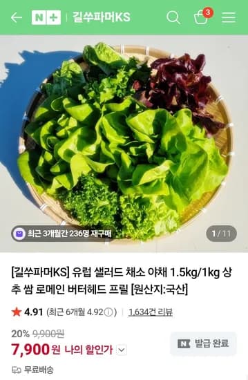 유럽 샐러드 5종 이상 랜덤 1kg (7,900원/무료)