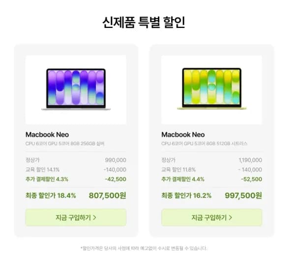 MacBook Neo (807,500원/무료)