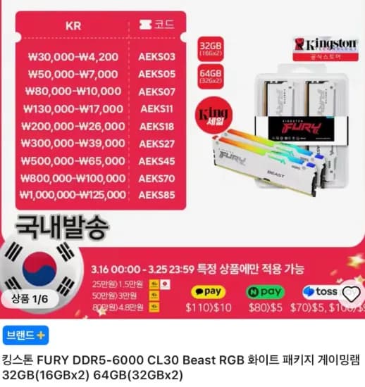 킹스톤 FURY DDR5-6000 CL30 Beast RGB
