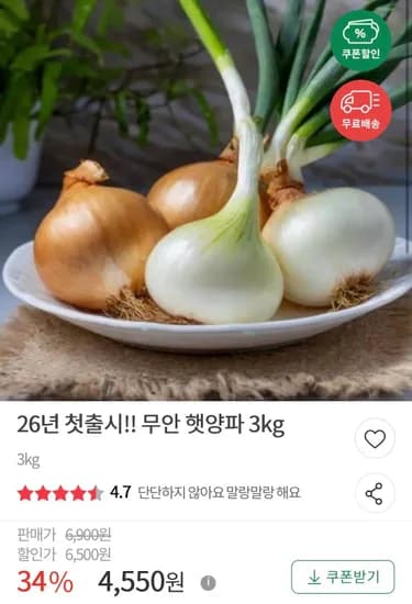 26년 무안 햇양파 3kg (4,550원/무료)