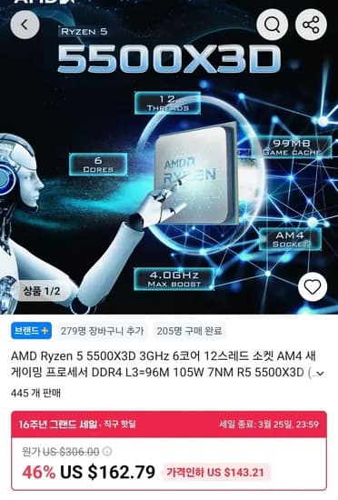AMD 라이젠5 5500X3D ($117.16/무료)