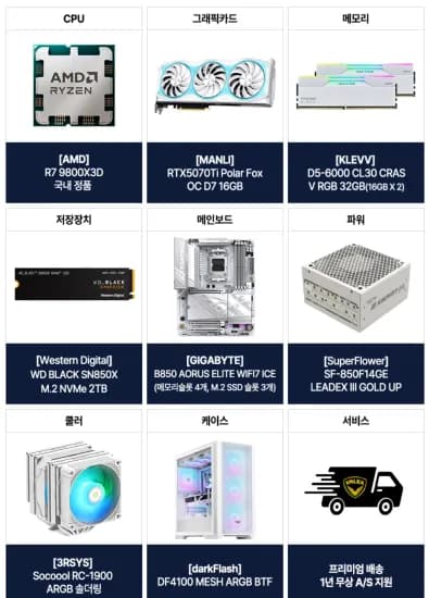 983D + 5070TI + klevv cras V 32GB + 2TB 화이트 완본체 (3,590,000원/무료)