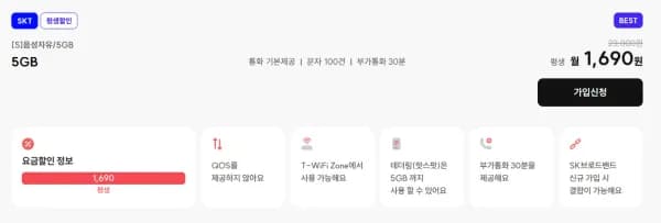 SKT망 알뜰폰 통화무제한/5GB 평생요금제 (1,690원/무료)