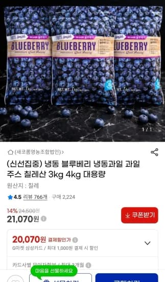 칠레산 냉동 블루베리 1kg 3팩 (21,070원/무료)