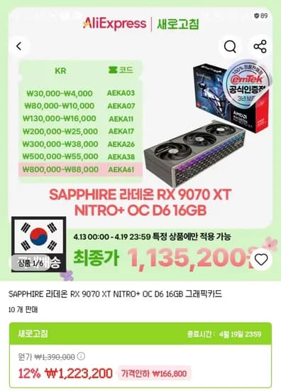 SAPPHIRE 라데온 RX 9070 XT NITRO+ OC D6 16GB (1,125,741원/무료)