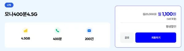 유플러스 400분 4.5G 200건 평생 월요금제 (1,100원/무료)