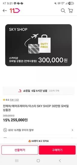 진에어/에어프레미아/이스타 SKY SHOP 30만원 모바일 상품권 (255,000원/무료)