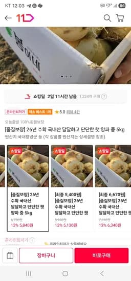 우리/신한) 26년 수확 국내산 달달하고 단단한 햇 양파 중 5kg (5,840원/무료)