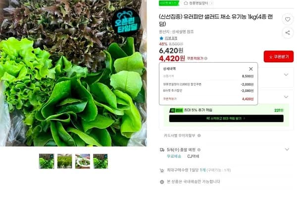 신선집중 유러피안 샐러드 채소 유기농 1kg (4종 랜덤) (4,420원/무료)