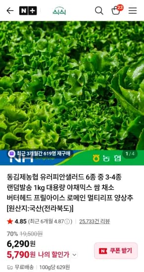 동김제농협 유러피안샐러드 6종 중 3-4종 랜덤발송 1kg