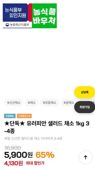유러피안 샐러드 채소 1kg 3-4종 (4,130원/무료)