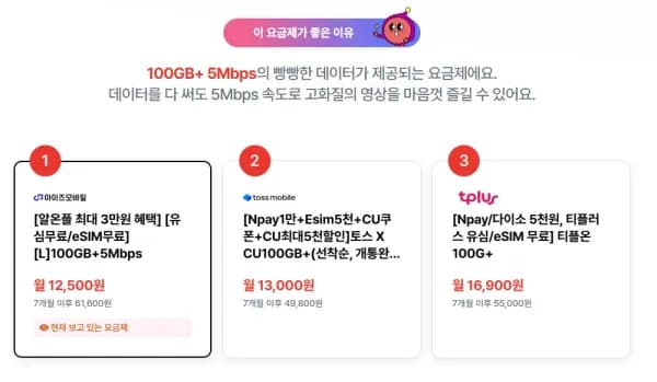 LGU+망 알뜰폰 LTE 100GB+5mbps 통문무 7개월 (12,500원/무료)