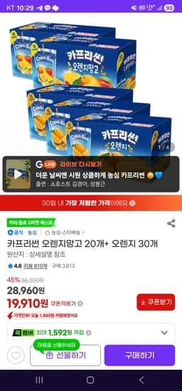 카프리썬 오렌지망고 20개+ 오렌지 30개 (19,910원/무료)