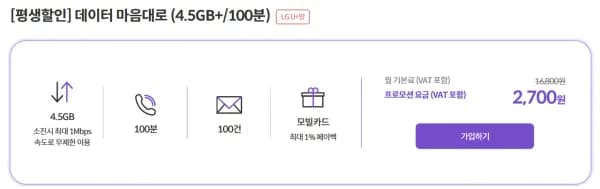 LGU+망 4.5GB+1Mbps 100분 100건 평생 월 요금제 (2,700원 무료)