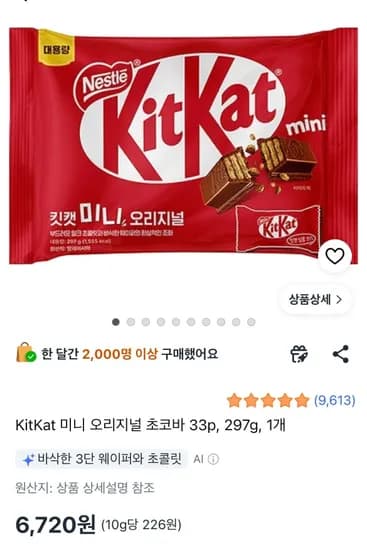 KitKat 미니 오리지널 초코바 297g 외 다양 33개