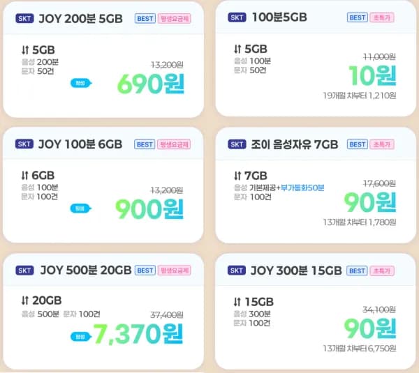 SKT망 알뜰폰 5GB 200분 평생요금제 (690원/무료)