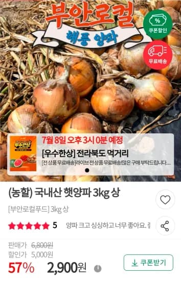 국내산 햇양파 3kg 상 (2,900원/무료)