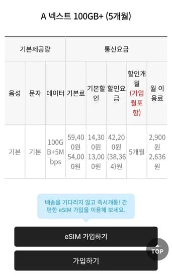 100gb 5mbps 5개월 알뜰요금제 skt (2,900원/무료)