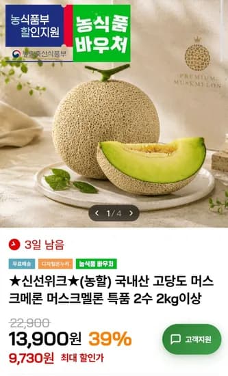 국내산 머스크멜론 특품 4kg이상 2수 (16,730원/무료)