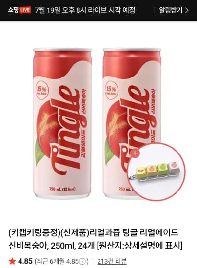 리얼과즙 팅글 리얼에이드 신비복숭아 250ml 24개 + 키캡키링 (13,520원/무료)
