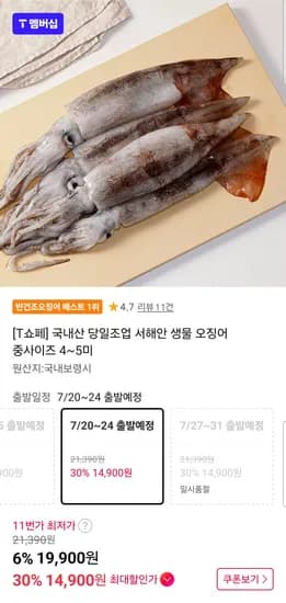 국내산 당일조업 서해안 생물 오징어 중사이즈 4~5미 (14,900원/무료)