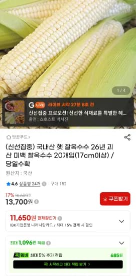 괴산 미백 찰옥수수 20개입 (13,700원/무료)