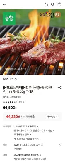 농협안심한우 1++등심 600g 구이용 온누리 가능 (44,230원/무료)