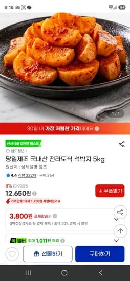 당일제조 국내산 전라도식 석박지 5kg (12,650원/무료)