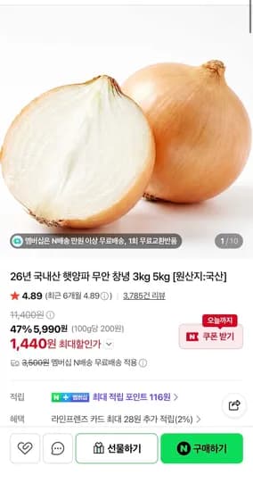 국내산 햇양파 중 1.5kg  (1,440원/무료)