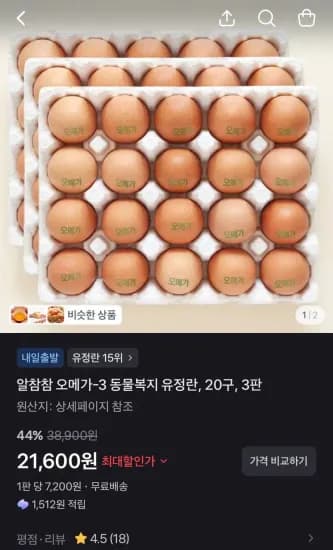 알참참 오메가-3 동물복지 유정란 계란 20구, 3판 (21,600원/무료)