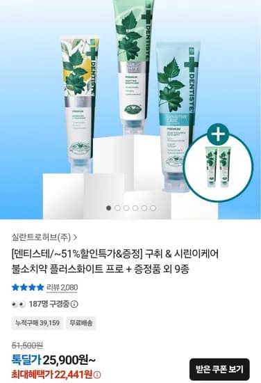 덴티스테 플러스화이트 프로 100g 4개+20g 2개 증정 (22,441원/무료)