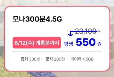 LGU+망 300분 200건 4.5GB 평생 요금제 월 (550원/무료)