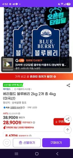 베리필드 블루베리 2kg 2개 총 4kg (미국산) (28,900원/무료)