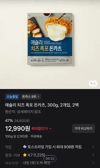 애슐리 치즈 폭포 돈카츠 300g 2개입 2팩