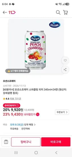 오션스프레이 스파클링 피치 345ml×24캔 (9,430원/무료)