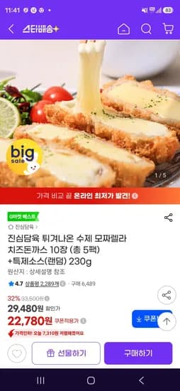 진심담육 튀겨나온 수제 모짜렐라 치즈돈까스 10장 총 5팩